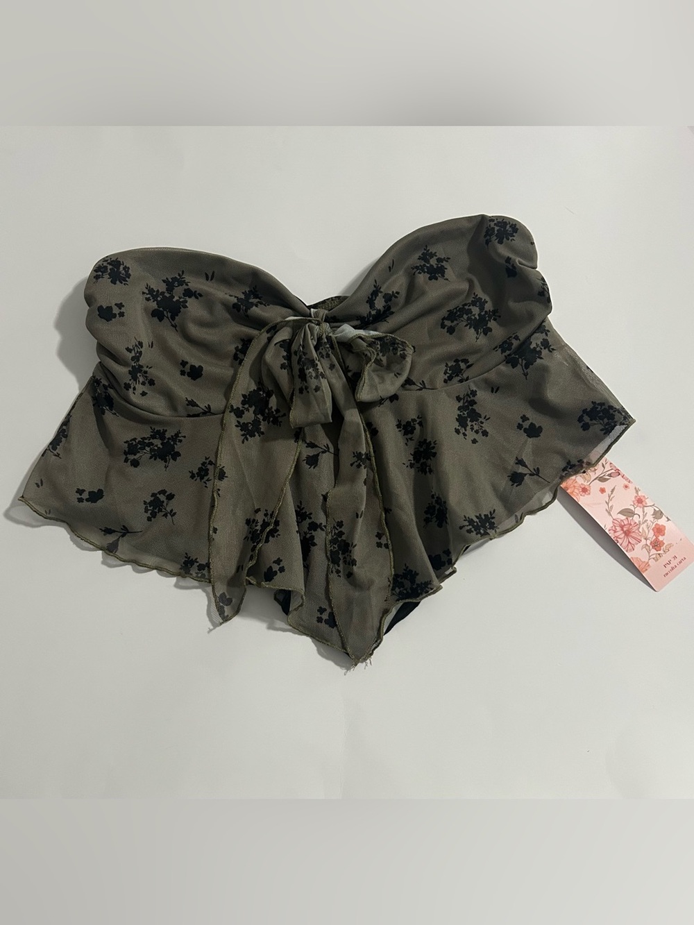 Olive Green and Black Floral Tie-Front Bustier Top